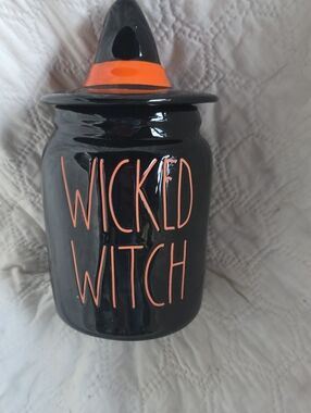 Rae Dunn Wicked Witch Ceramic Jar - Black with Orange Accents